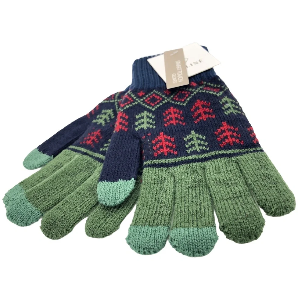STYLINE Smart Touch Green/Navy/Red Pattern Gloves -One Size